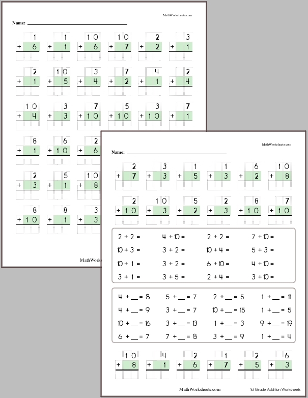 Addition within 10 with no regrouping (max sum of 20)