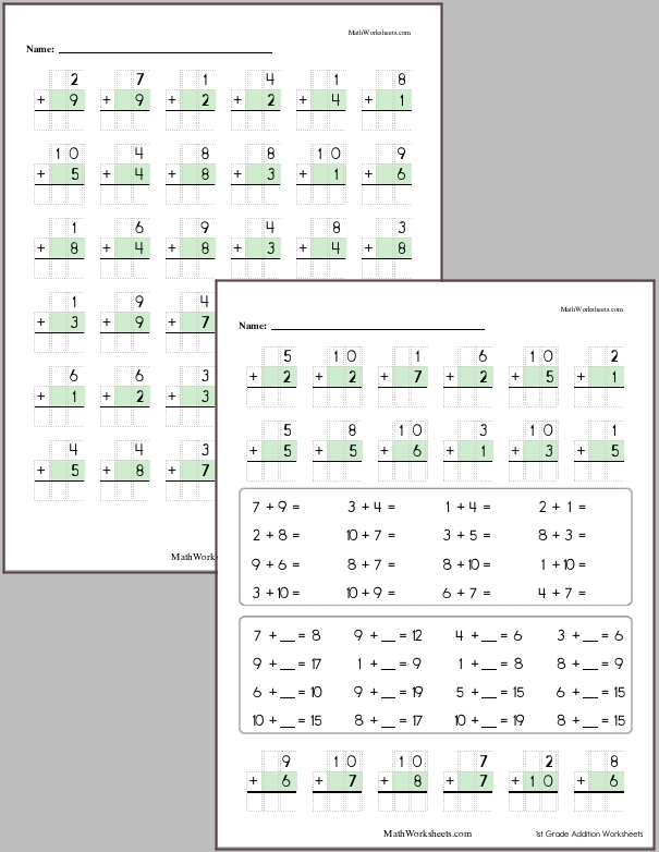 Addition within 10 with regrouping (max sum of 20)