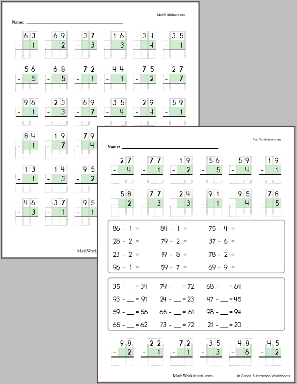 Subtraction of a 1-digit number from a 2-digit number with no regrouping