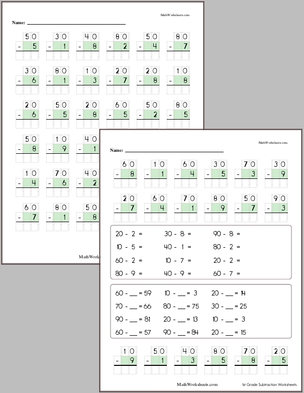 Subtracting a 1-digit number from whole tens with regrouping