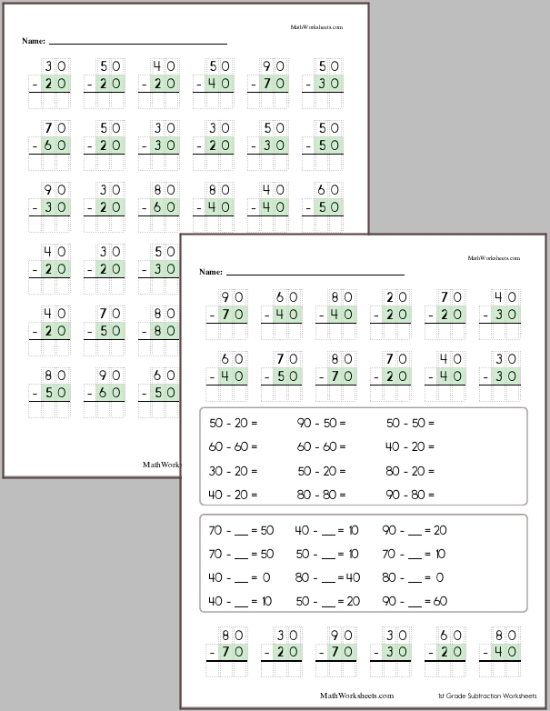 Subtracting whole tens with no regrouping