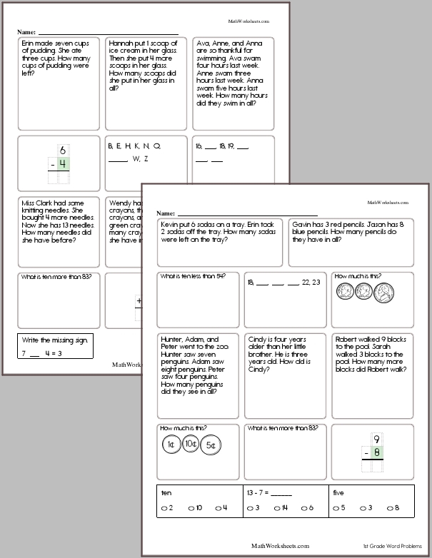 Word Problem Worksheets for 1st Graders - Free with No ...