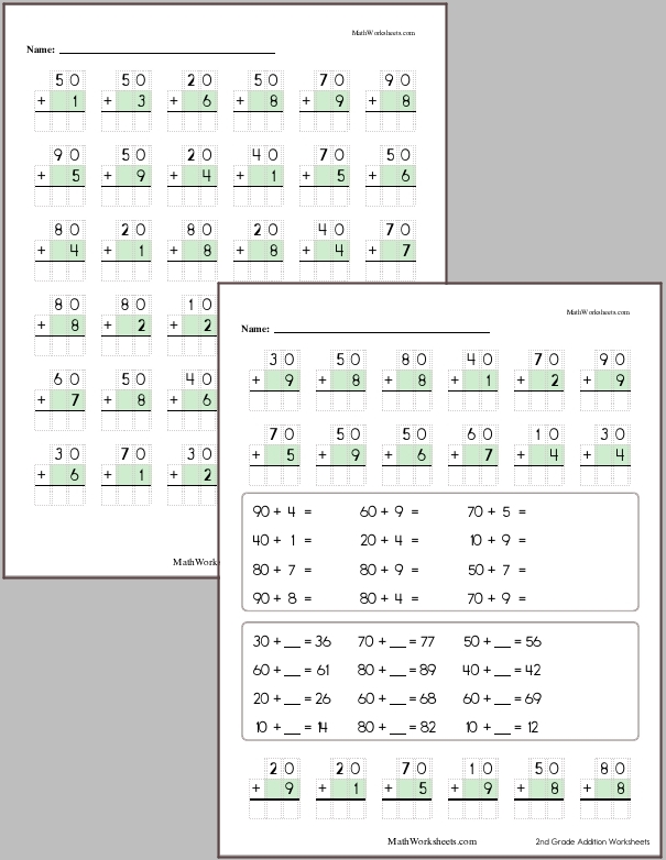 Adding whole tens and a 1-digit number with no regrouping