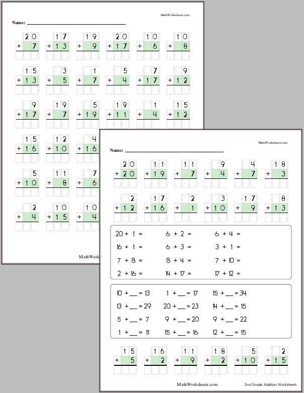 Addition within 20 with regrouping (max sum of 40)