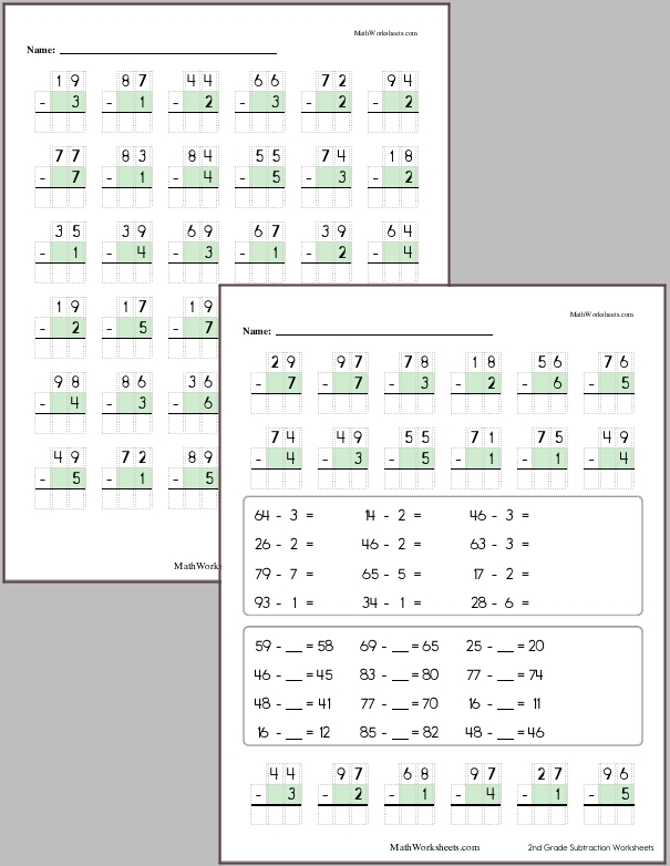 Subtraction of a 1-digit number from a 2-digit number with no regrouping