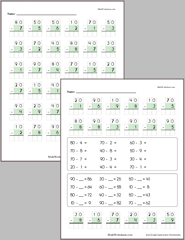 Subtracting a 1-digit number from whole tens with regrouping