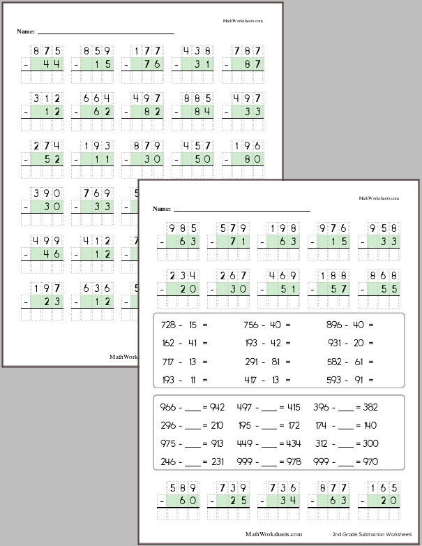 Subtraction of a 2-digit number from a 3-digit number with no regrouping