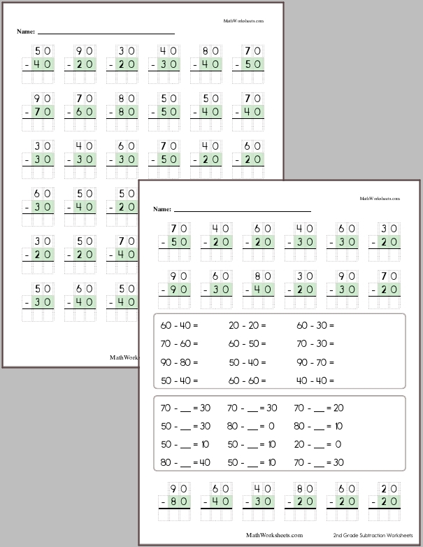 Subtracting whole tens with no regrouping